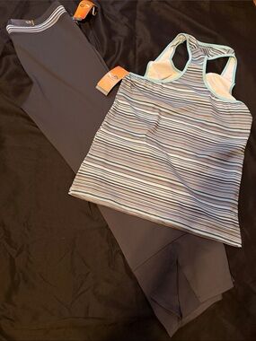 Champion Grey Leggings with Light Blue, Slate and Gray Striped Razorback Tank